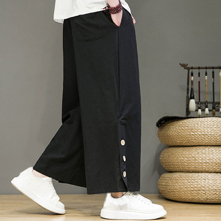 Pantalones rectos de lino con botones y cordón para hombre, de color liso, con Buddha Stones y bolsillos - image 9