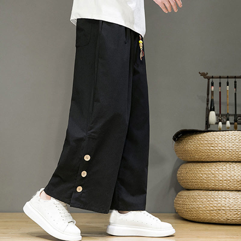 Pantalones rectos de lino con botones y cordón para hombre, de color liso, con Buddha Stones y bolsillos - image 13