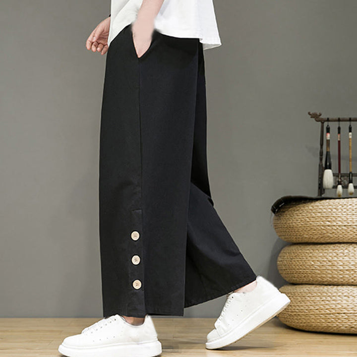 Pantalones rectos de lino con botones y cordón para hombre, de color liso, con Buddha Stones y bolsillos - image 8