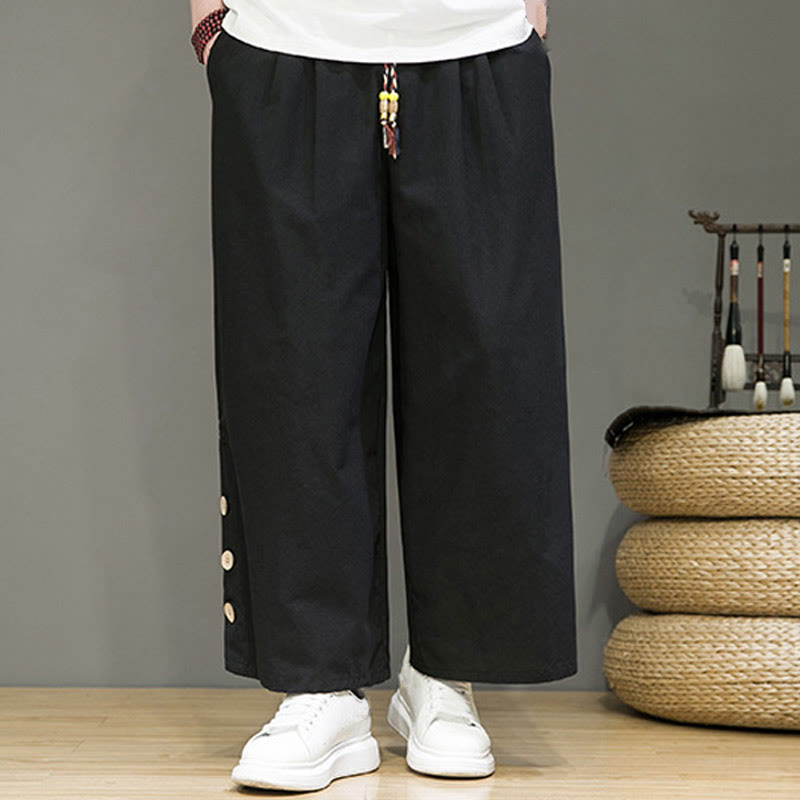 Pantalones rectos de lino con botones y cordón para hombre, de color liso, con Buddha Stones y bolsillos - image 11