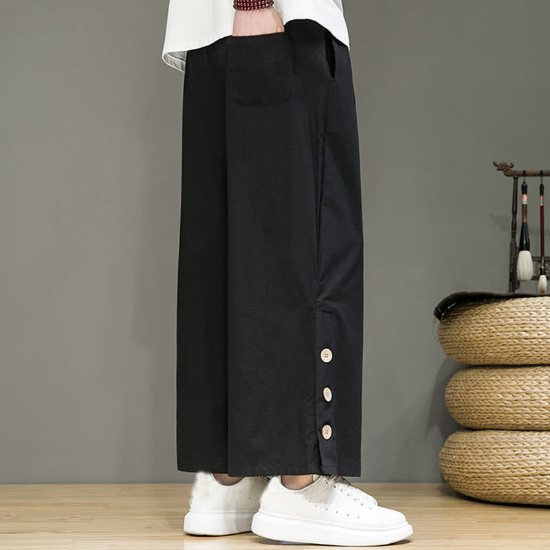 Pantalones rectos de lino con botones y cordón para hombre, de color liso, con Buddha Stones y bolsillos - image 10