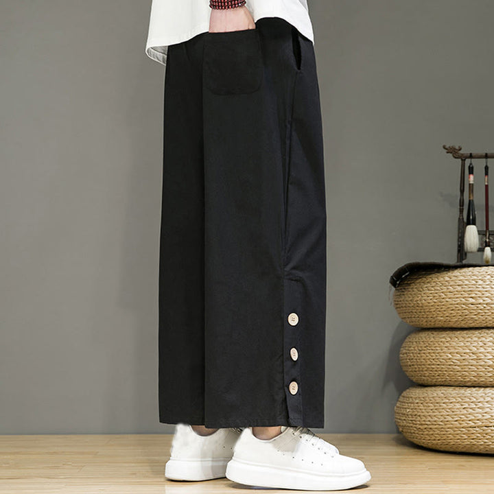 Pantalones rectos de lino con botones y cordón para hombre, de color liso, con Buddha Stones y bolsillos - image 10