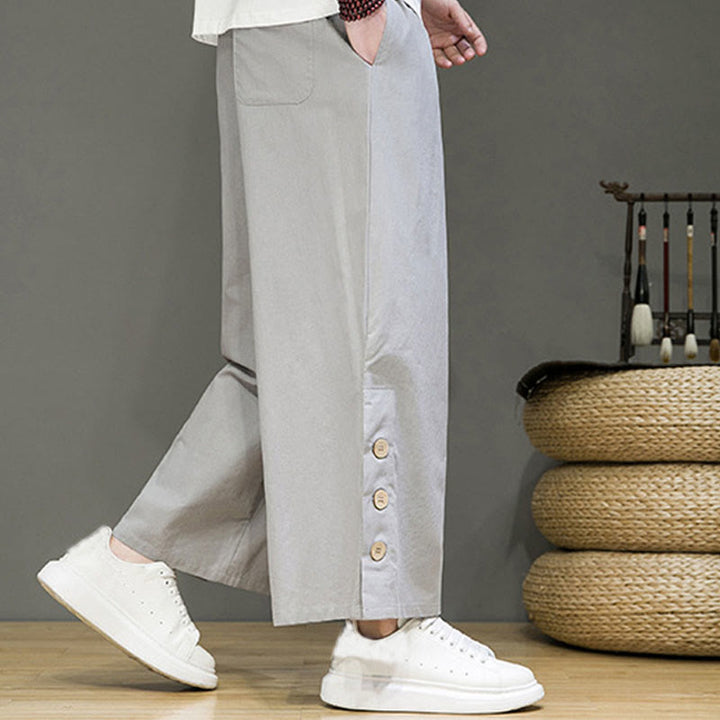 Pantalones rectos de lino con botones y cordón para hombre, de color liso, con Buddha Stones y bolsillos - image 21