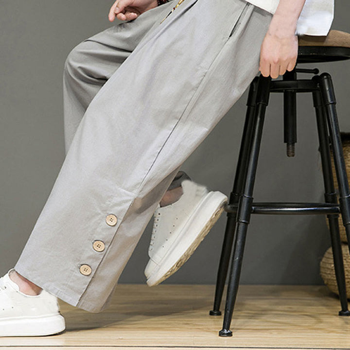 Pantalones rectos de lino con botones y cordón para hombre, de color liso, con Buddha Stones y bolsillos - image 24