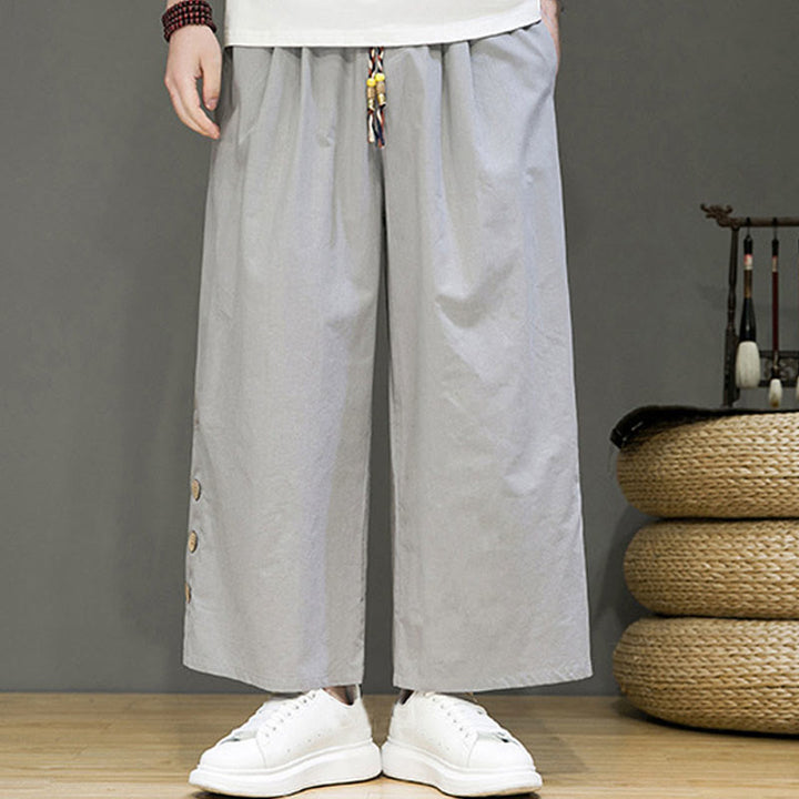 Pantalones rectos de lino con botones y cordón para hombre, de color liso, con Buddha Stones y bolsillos - image 17