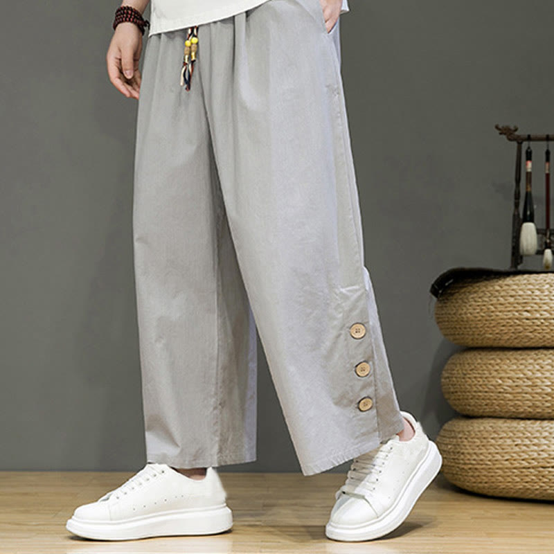 Pantalones rectos de lino con botones y cordón para hombre, de color liso, con Buddha Stones y bolsillos - Gris claro - US/UK/AU46, EU56 (5XL) - image 16