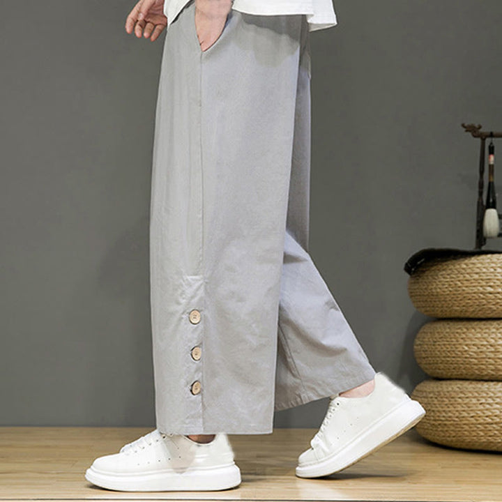 Pantalones rectos de lino con botones y cordón para hombre, de color liso, con Buddha Stones y bolsillos - image 23