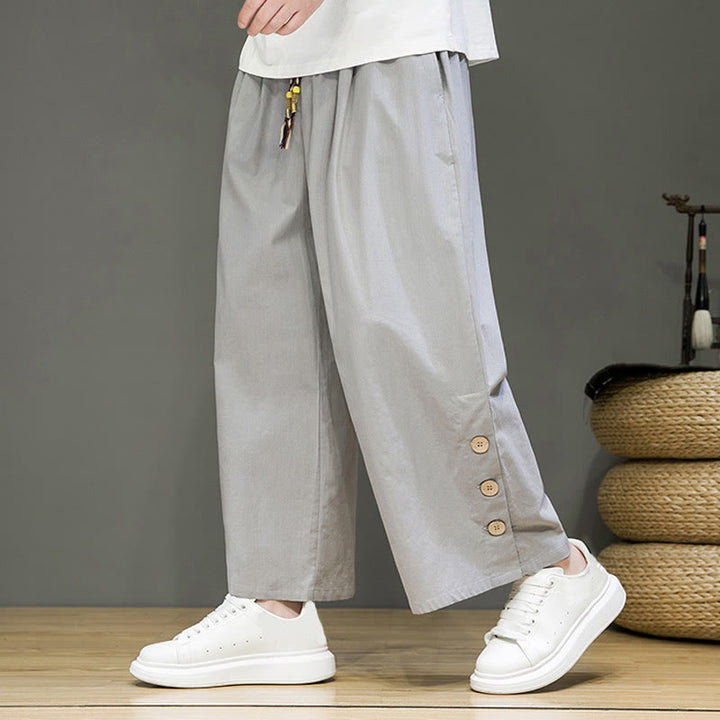 Pantalones rectos de lino con botones y cordón para hombre, de color liso, con Buddha Stones y bolsillos - image 19