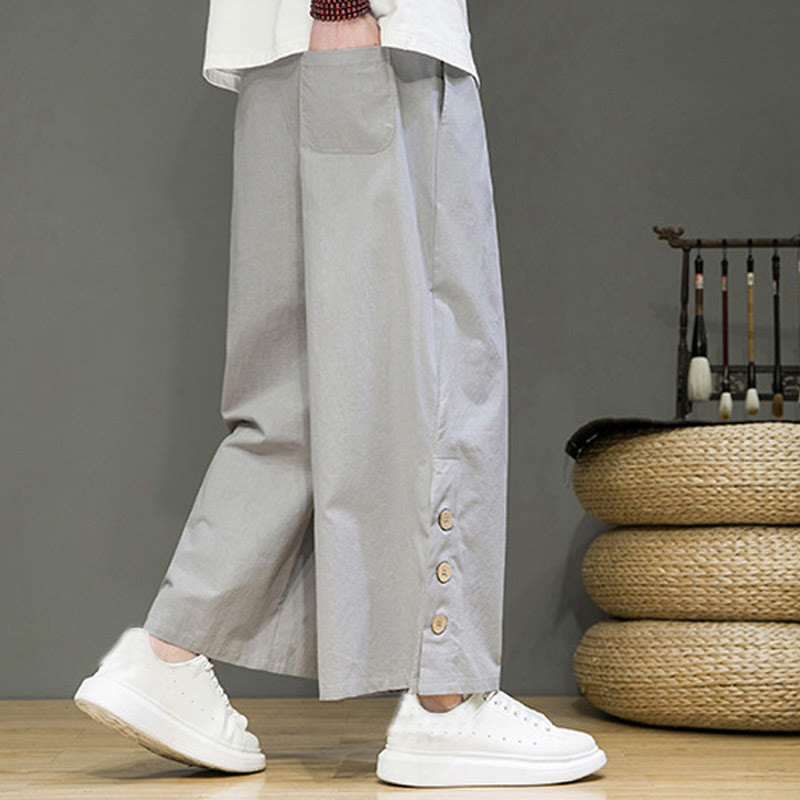 Pantalones rectos de lino con botones y cordón para hombre, de color liso, con Buddha Stones y bolsillos - image 22