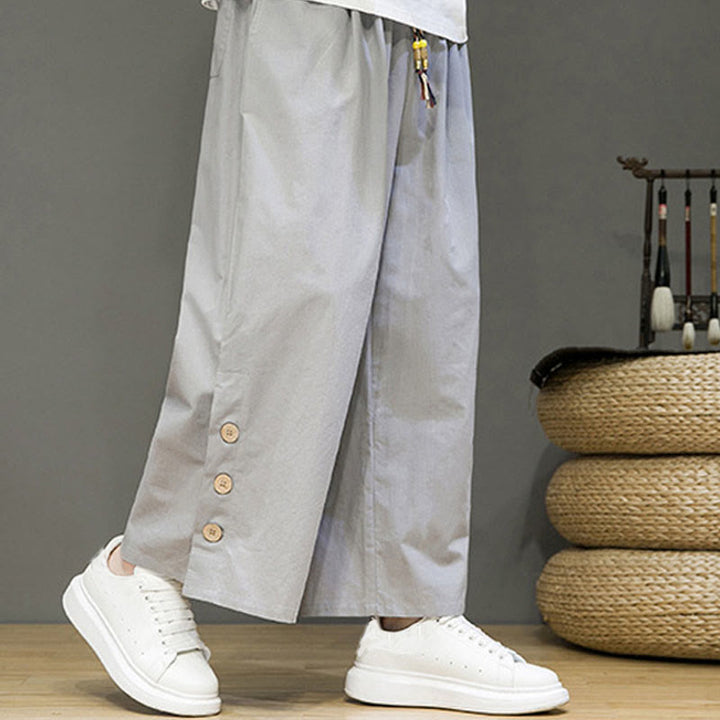 Pantalones rectos de lino con botones y cordón para hombre, de color liso, con Buddha Stones y bolsillos - image 20