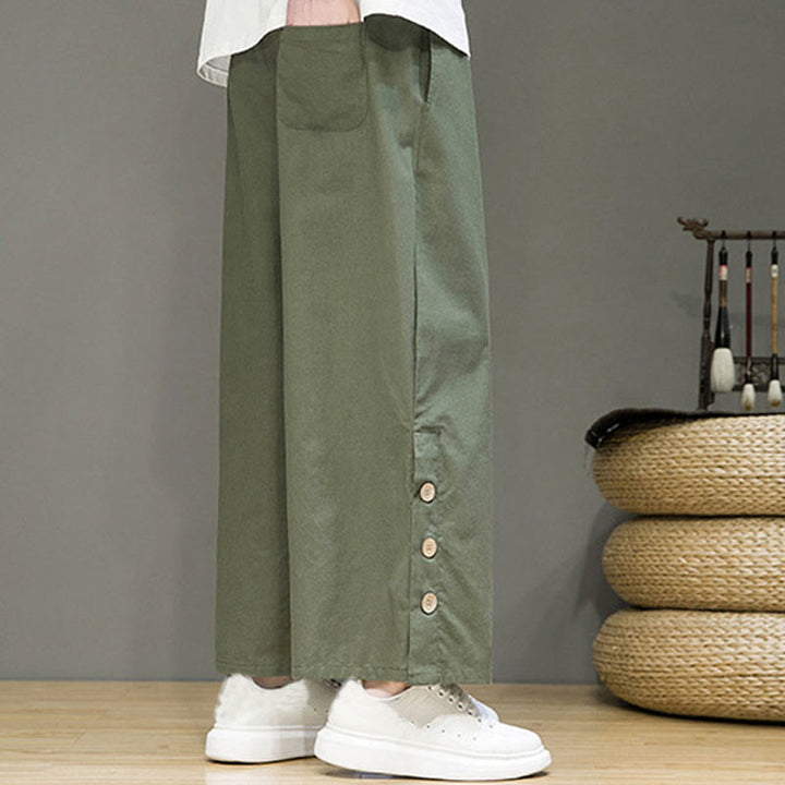 Pantalones rectos de lino con botones y cordón para hombre, de color liso, con Buddha Stones y bolsillos - image 28