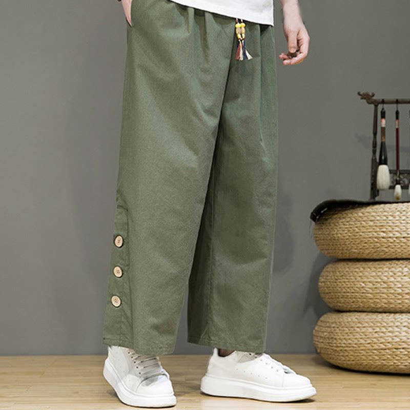 Pantalones rectos de lino con botones y cordón para hombre, de color liso, con Buddha Stones y bolsillos - image 29