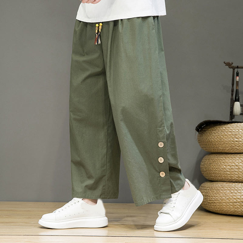 Pantalones rectos de lino con botones y cordón para hombre, de color liso, con Buddha Stones y bolsillos - Verde mar oscuro - US/UK/AU46, EU56 (5XL) - image 25