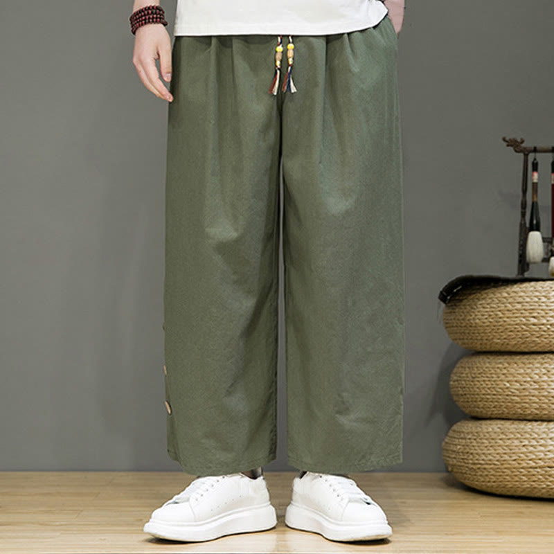Pantalones rectos de lino con botones y cordón para hombre, de color liso, con Buddha Stones y bolsillos - image 27