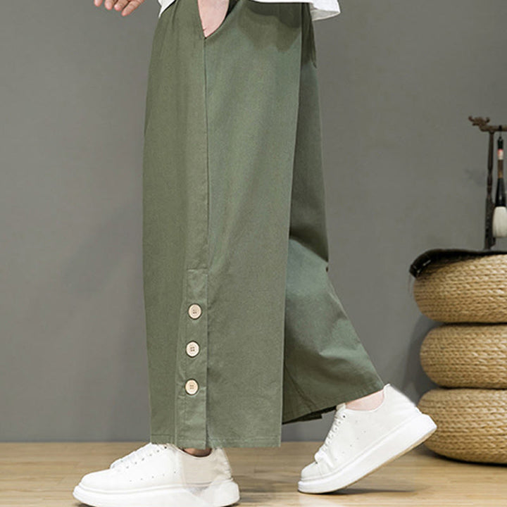 Pantalones rectos de lino con botones y cordón para hombre, de color liso, con Buddha Stones y bolsillos - image 31