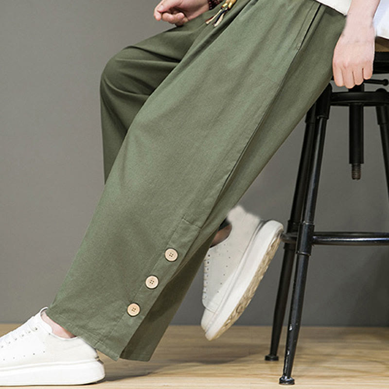 Pantalones rectos de lino con botones y cordón para hombre, de color liso, con Buddha Stones y bolsillos - image 32