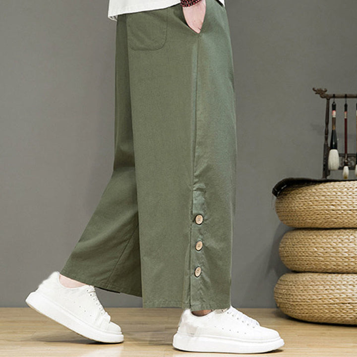 Pantalones rectos de lino con botones y cordón para hombre, de color liso, con Buddha Stones y bolsillos - image 30