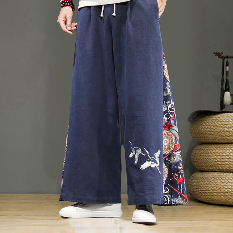 Pantalones anchos de lino y algodón para hombre con bordado de Buddha Stones y bolsillos, con cordón ajustable - Azul acero - US/UK/AU46, EU56 (5XL) - image 1
