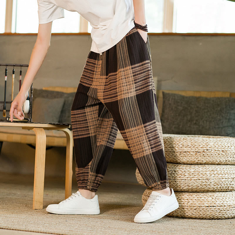 Pantalones harén de lino y algodón con rayas a cuadros de verano para hombre con bolsillos de Buddha Stones - Broncearse - US/UK/AU46, EU56 (5XL) - image 1