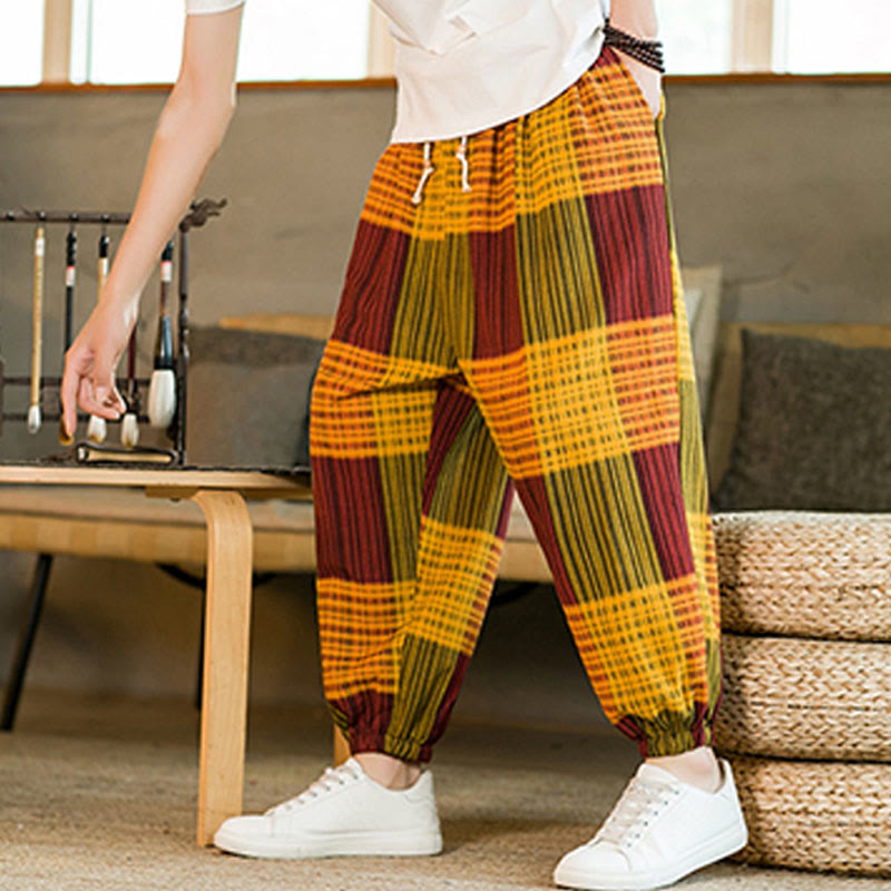 Pantalones harén de lino y algodón con rayas a cuadros de verano para hombre con bolsillos de Buddha Stones - image 22