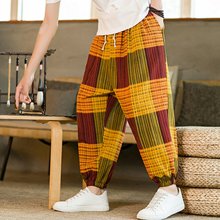 Pantalones harén de lino y algodón con rayas a cuadros de verano para hombre con bolsillos de Buddha Stones - image 22