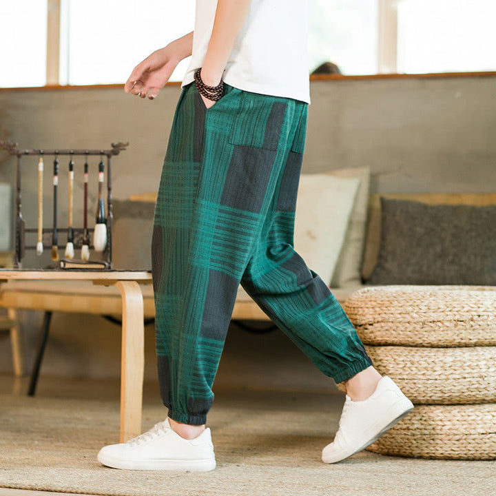 Pantalones harén de lino y algodón con rayas a cuadros de verano para hombre con bolsillos de Buddha Stones - image 16