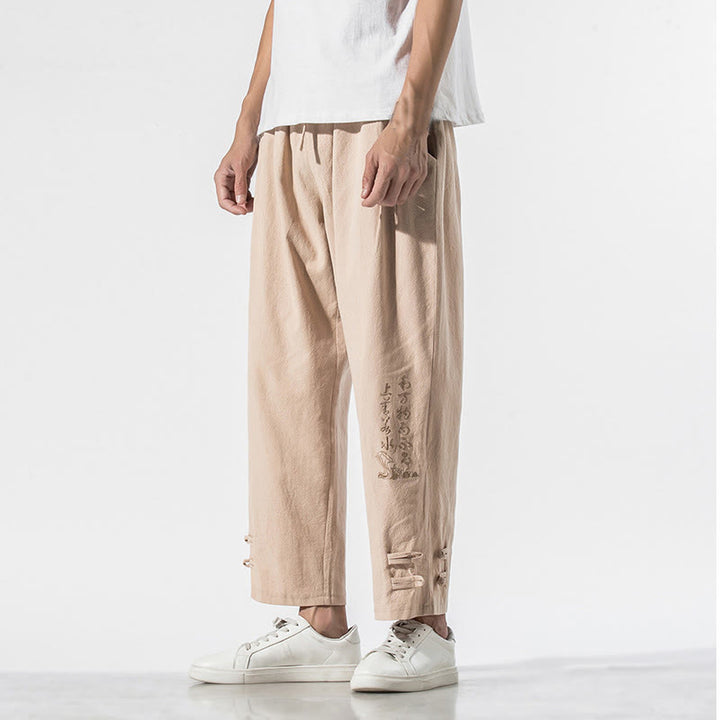 Pantalones de lino y algodón para hombre con bordado de caracteres chinos y Buddha Stones, con bolsillos, para verano - Trigo - US/UK/AU46, EU56 (5XL) - image 9