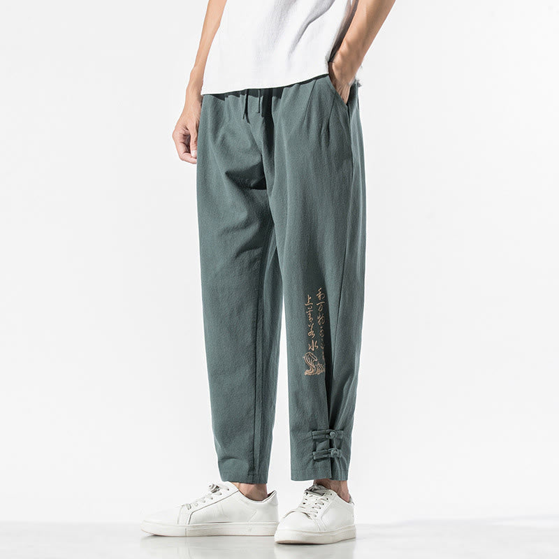 Pantalones de lino y algodón para hombre con bordado de caracteres chinos y Buddha Stones, con bolsillos, para verano - Azul cadete - US/UK/AU46, EU56 (5XL) - image 20