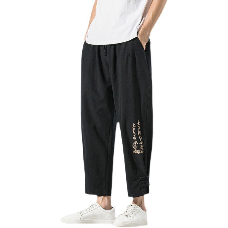 Pantalones de lino y algodón para hombre con bordado de caracteres chinos y Buddha Stones, con bolsillos, para verano - image 19