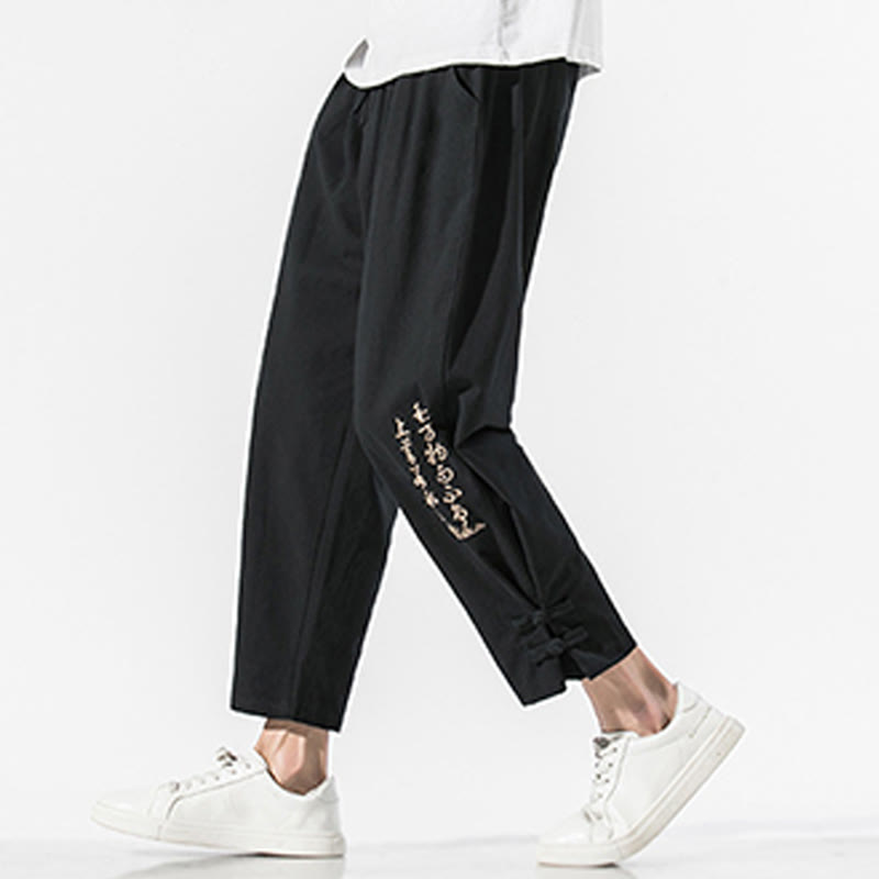 Pantalones de lino y algodón para hombre con bordado de caracteres chinos y Buddha Stones, con bolsillos, para verano - Negro - US/UK/AU46, EU56 (5XL) - image 0