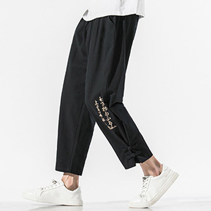 Pantalones de lino y algodón para hombre con bordado de caracteres chinos y Buddha Stones, con bolsillos, para verano - Negro - US/UK/AU46, EU56 (5XL) - image 0