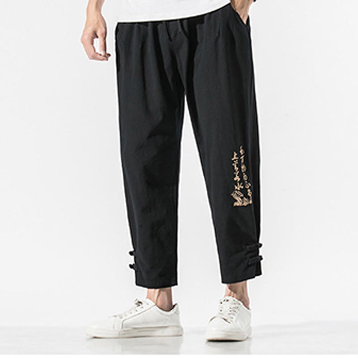 Pantalones de lino y algodón para hombre con bordado de caracteres chinos y Buddha Stones, con bolsillos, para verano - image 4