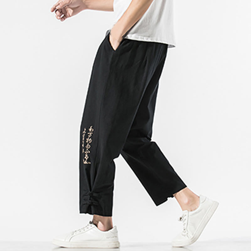 Pantalones de lino y algodón para hombre con bordado de caracteres chinos y Buddha Stones, con bolsillos, para verano - image 5