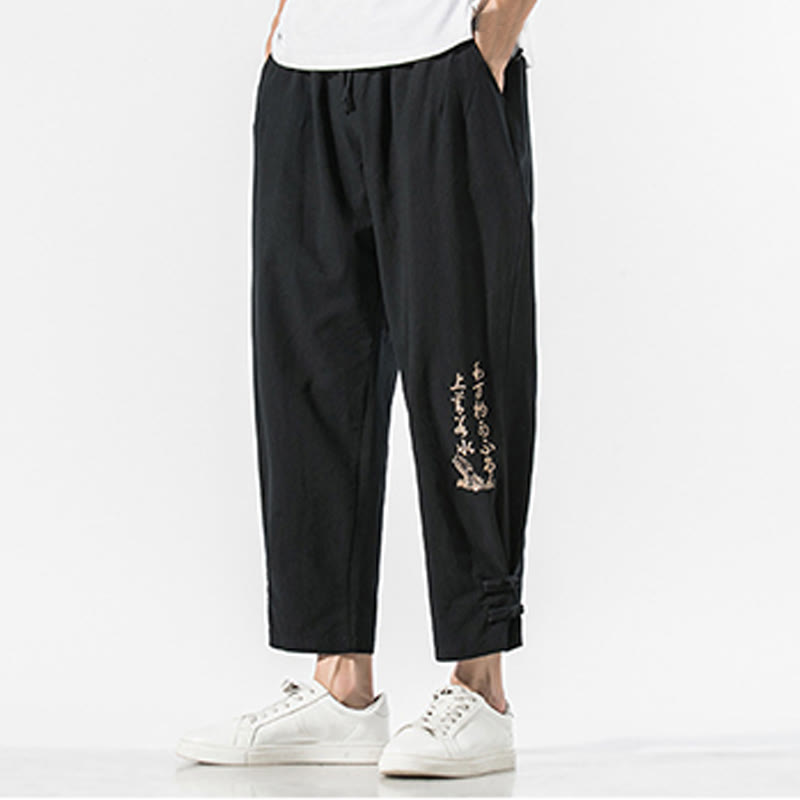 Pantalones de lino y algodón para hombre con bordado de caracteres chinos y Buddha Stones, con bolsillos, para verano - image 1