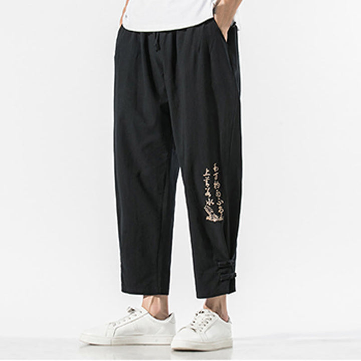 Pantalones de lino y algodón para hombre con bordado de caracteres chinos y Buddha Stones, con bolsillos, para verano - image 1