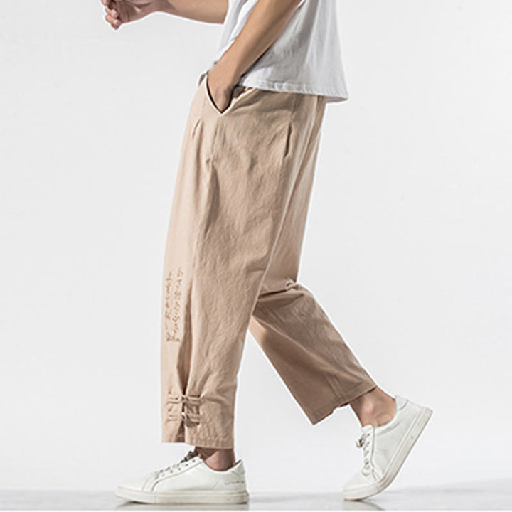 Pantalones de lino y algodón para hombre con bordado de caracteres chinos y Buddha Stones, con bolsillos, para verano - image 11