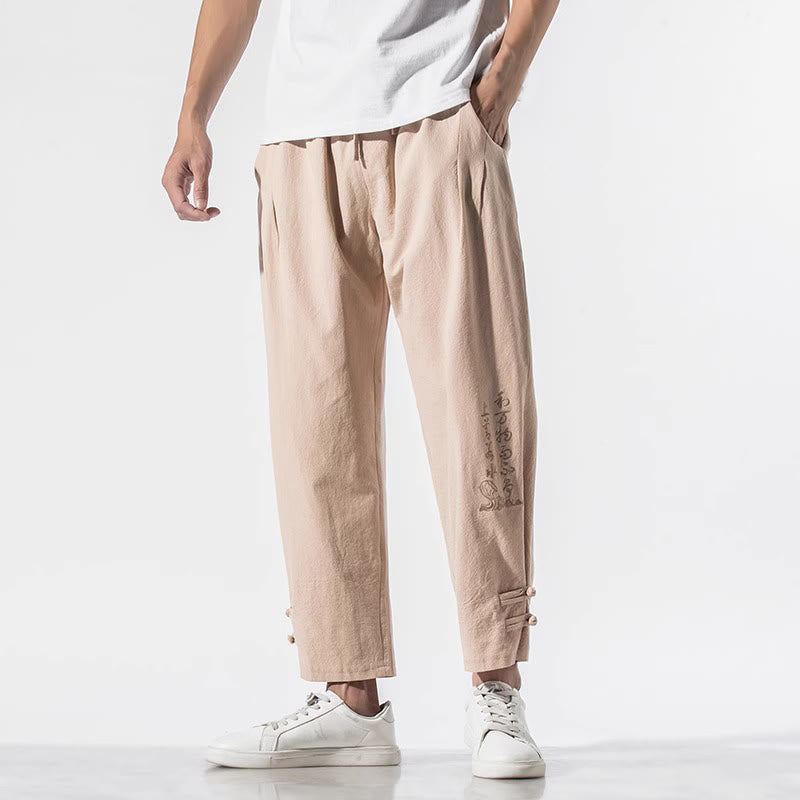 Pantalones de lino y algodón para hombre con bordado de caracteres chinos y Buddha Stones, con bolsillos, para verano - image 16