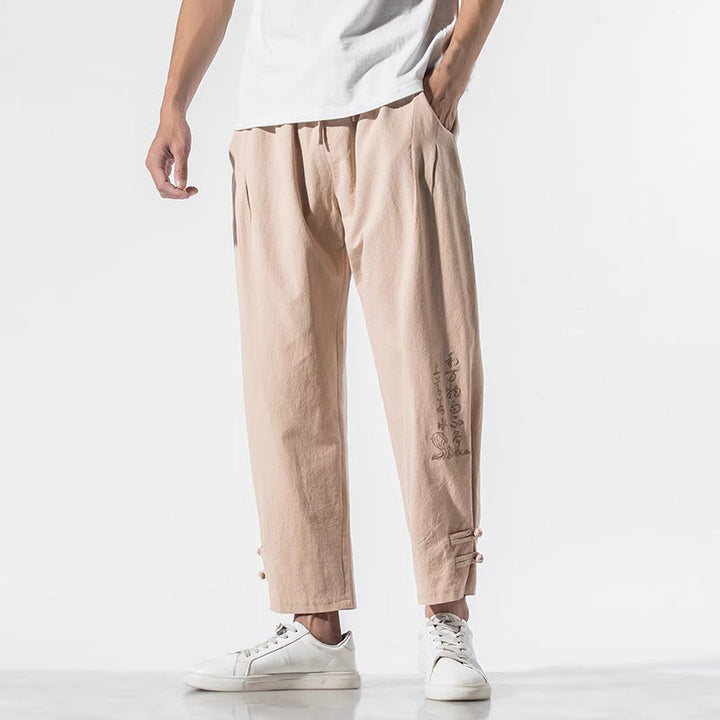 Pantalones de lino y algodón para hombre con bordado de caracteres chinos y Buddha Stones, con bolsillos, para verano - image 16