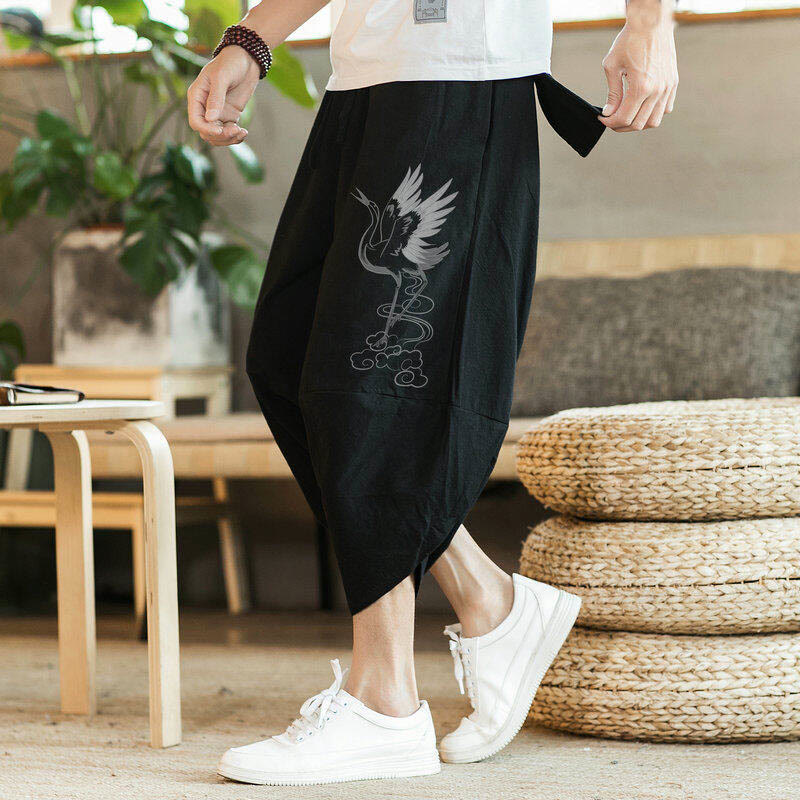Pantalones harén de algodón y lino con bordado de nubes y grullas blancas de Buddha Stones para hombre, talla 7-8, con bolsillos - image 2