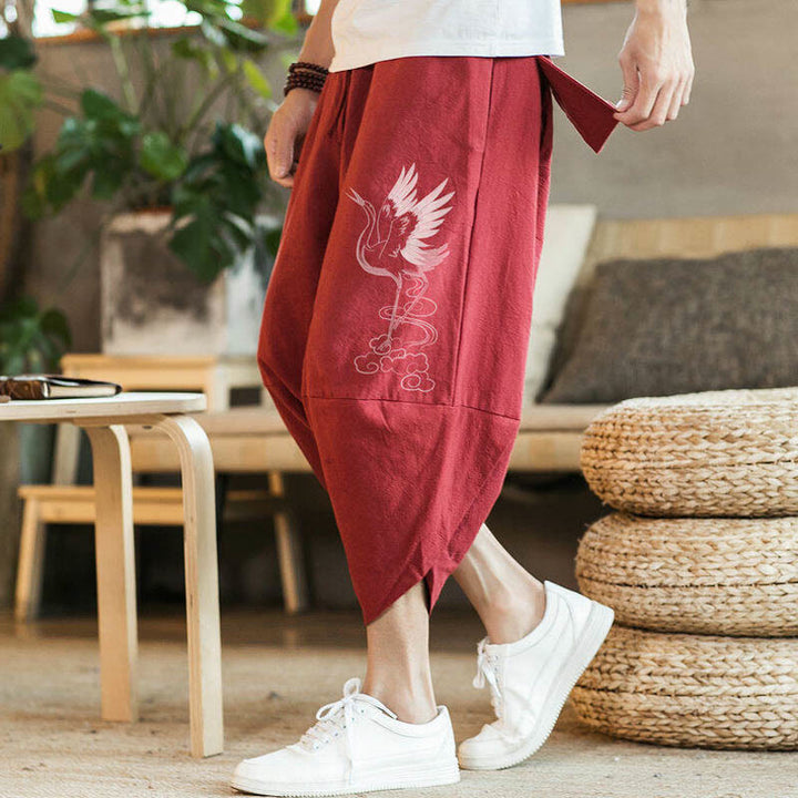 Pantalones harén de algodón y lino con bordado de nubes y grullas blancas de Buddha Stones para hombre, talla 7-8, con bolsillos - Rojo - US/UK/AU46, EU56 (5XL) - image 5