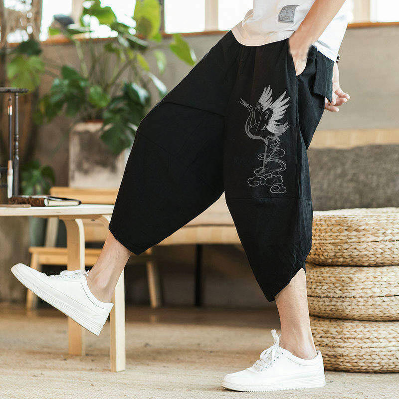 Pantalones harén de algodón y lino con bordado de nubes y grullas blancas de Buddha Stones para hombre, talla 7-8, con bolsillos - image 4