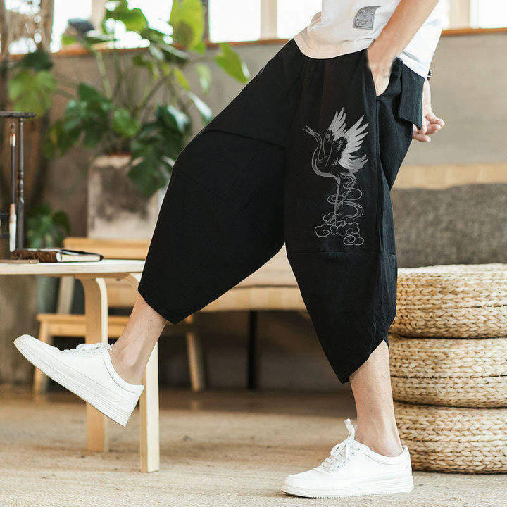 Pantalones harén de algodón y lino con bordado de nubes y grullas blancas de Buddha Stones para hombre, talla 7-8, con bolsillos - image 4