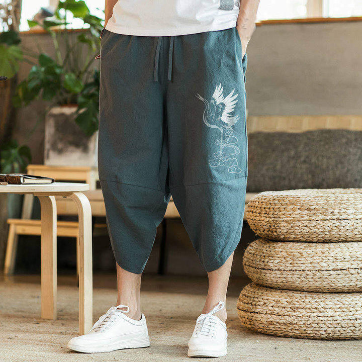 Pantalones harén de algodón y lino con bordado de nubes y grullas blancas de Buddha Stones para hombre, talla 7-8, con bolsillos - image 9