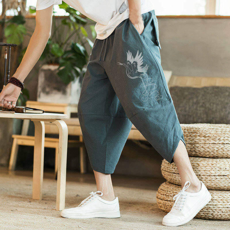 Pantalones harén de algodón y lino con bordado de nubes y grullas blancas de Buddha Stones para hombre, talla 7-8, con bolsillos - image 11
