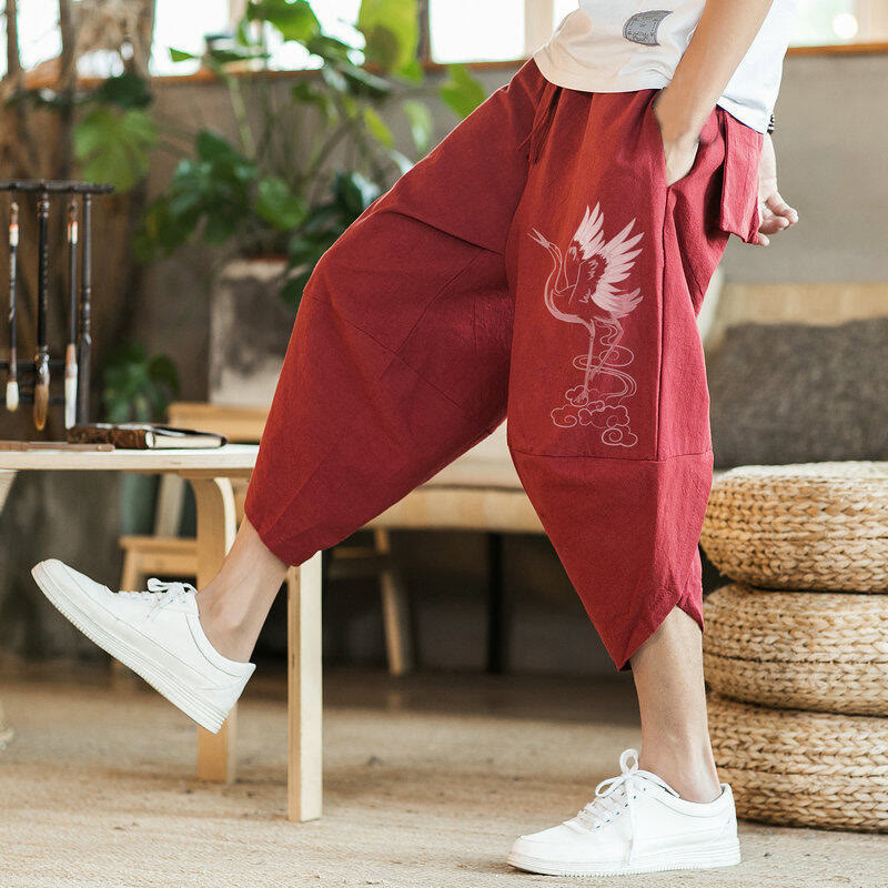Pantalones harén de algodón y lino con bordado de nubes y grullas blancas de Buddha Stones para hombre, talla 7-8, con bolsillos - image 7