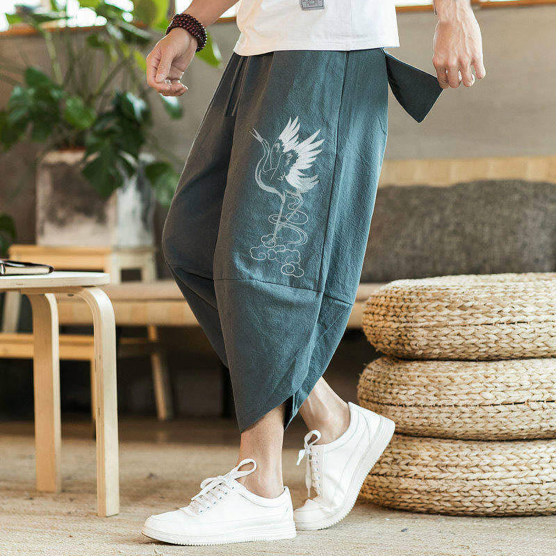 Pantalones harén de algodón y lino con bordado de nubes y grullas blancas de Buddha Stones para hombre, talla 7-8, con bolsillos - image 12