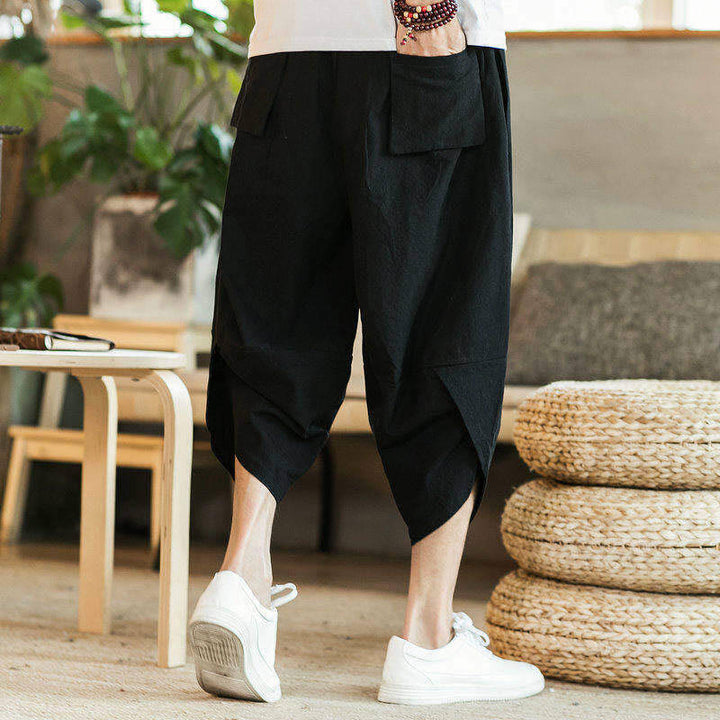 Pantalones harén de algodón y lino con bordado de nubes y grullas blancas de Buddha Stones para hombre, talla 7-8, con bolsillos - image 3