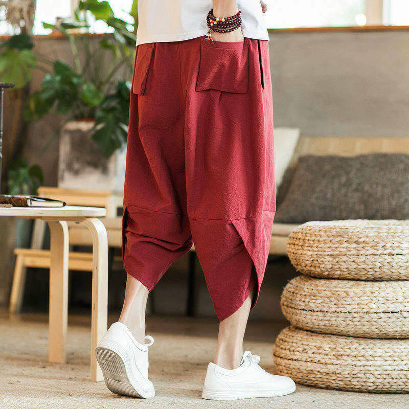 Pantalones harén de algodón y lino con bordado de nubes y grullas blancas de Buddha Stones para hombre, talla 7-8, con bolsillos - image 6
