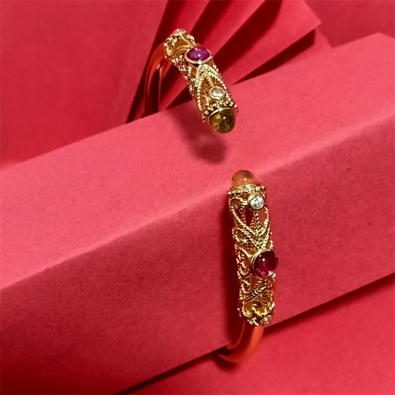 Brazalete de la suerte con Buddha Stones, diseño de flores doradas, circonita roja, ámbar y cobre - image 10