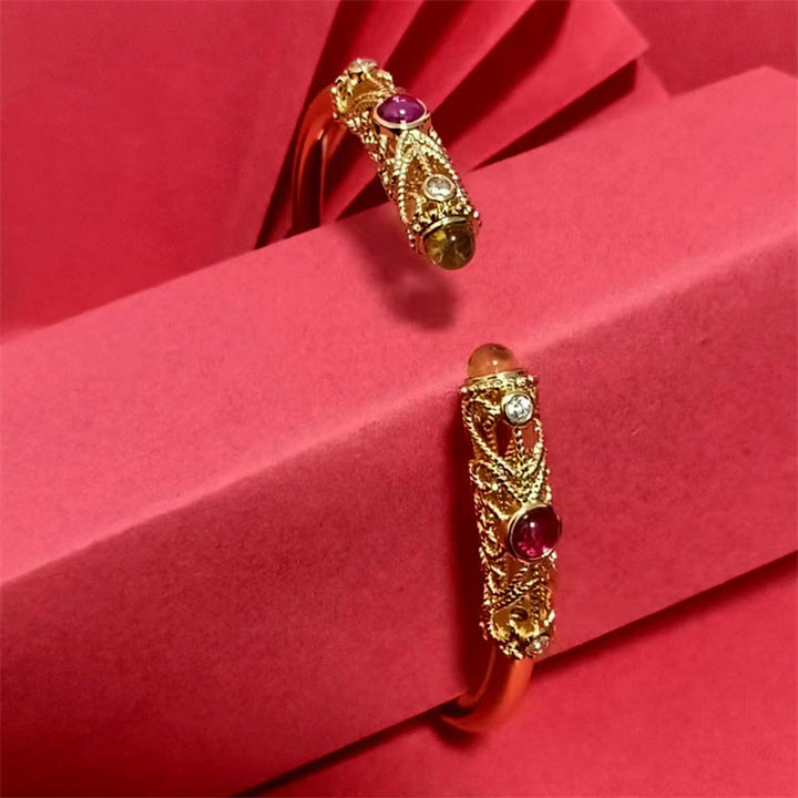 Brazalete de la suerte con Buddha Stones, diseño de flores doradas, circonita roja, ámbar y cobre - image 10